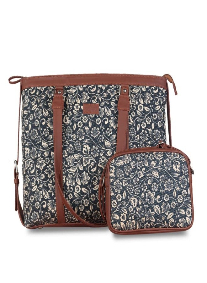 ZOUK طقم حقيبة مكتب وحقيبة كتف نسائية من زوك، مصنوعة يدوياً، باللون الأسود ومزينة بنقوش زهور | حقيبة مكتب | حقيبة جامعية - Image 1